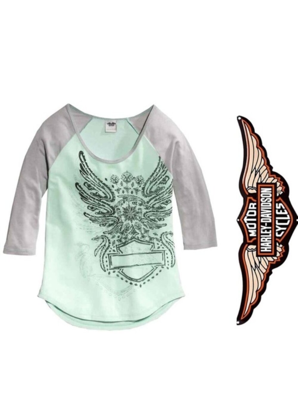 Harley Davidson | "Heather Gray Mint" Raglan Sleep Tee | Size Medium